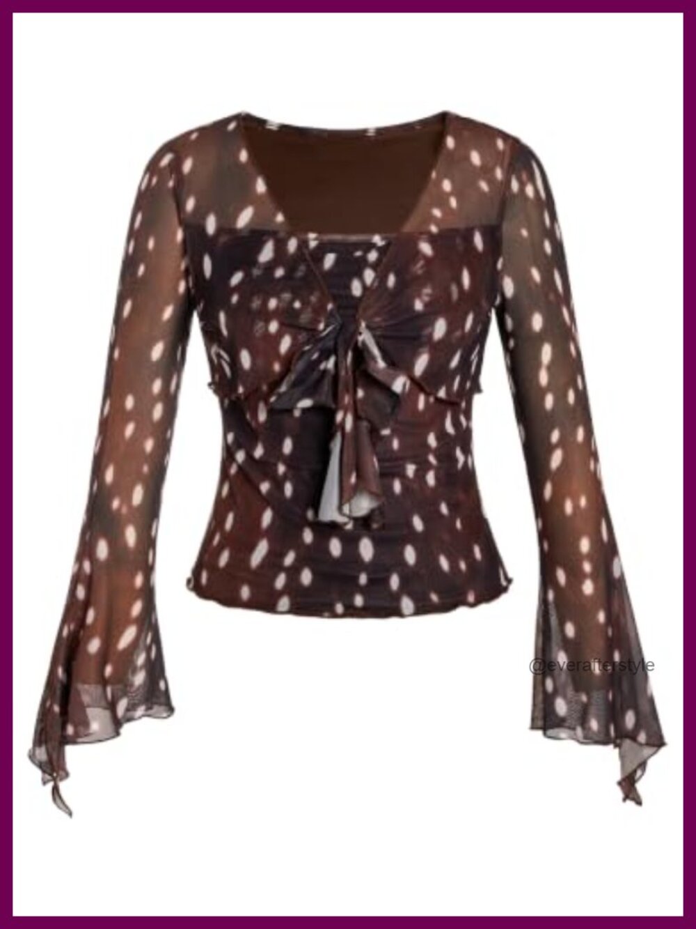 Women's Y2K Floral Mesh V-Neck Long Sleeve Top Ruffle Knot Front Blouse